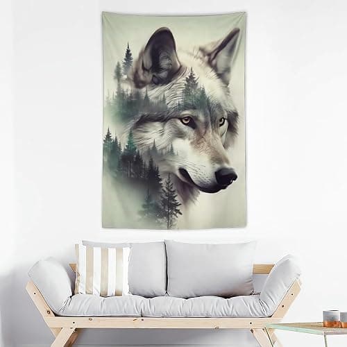 ANMOGID Wolf Tapestry for Bedroom Aesthetic, Mountain Wall Hanging Art, Wolf Decor Wall Art for Living Room Dorm Party Home Decoration 60"x40" thumbnail 3