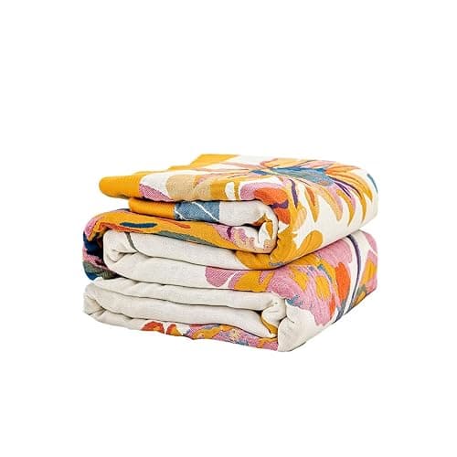XIBLC Boho Throw Blanket, 100% Cotton Ultra Soft Luxury Throw Rustic Quilt, 50"x60" Floral Bird Butterfly Farmhouse Decor Bed Blankets, All Season Rustic Reversible Bohemian Throw for Bed - Yellow - Image 1