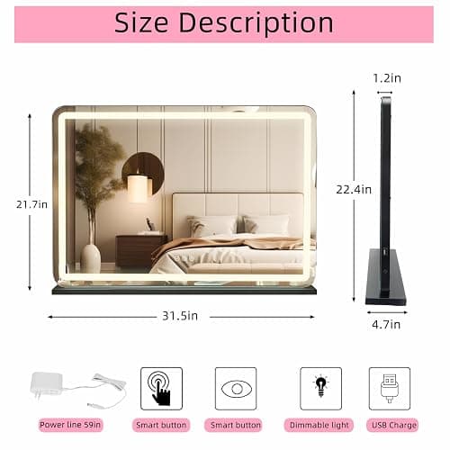 Umeiga Vanity Mirror with Lights, 32" x 22" LED Lighted Makeup Mirror, Smart Touch 3 Colors Dimmable, USB Charger, Large for Bedroom, Black - Black Usb Charing 80x55cm thumbnail 2