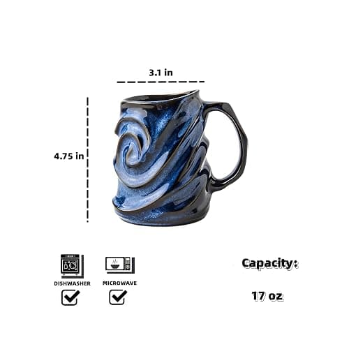 17oz Embossed Face Shape Large-Capacity Ceramic Coffee Mug - Unique Handmade Tea Cup for Office and Home - Microwave and Dishwasher Safe (Blue) thumbnail 3