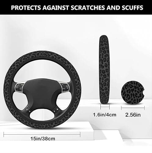 Black Leopard Print Cheetah Elastic Steering Wheel Cover, Non-Slip Neoprene Steering Wheel Cover, Women Leopard Car Accessories, Universal 15 Inch Fit Auto, SUVS, Includes 2 Ceramic Cup Coasters thumbnail 5