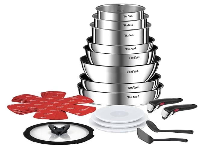 Tefal Ingenio Batterie cuisine 20 pcs, Poêles, Casseroles, Wok, Sauteuse, Couvercles, Poignées amovibles, Induction, Acier inoxydable, Compatible lave-vaisselle, Garantie 5 ans, Emotion L897SJ04 - Image 1