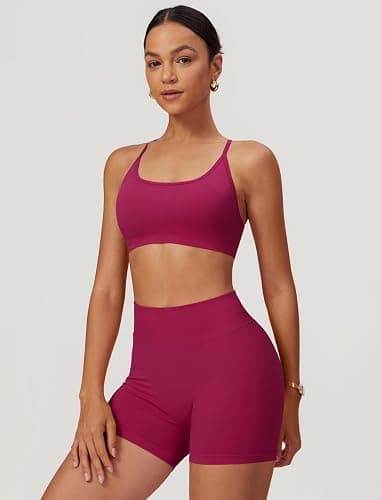 ABOCIW 2 Piece Seamless Workout Sets for Women Scoop Neck Strappy Sports Bra Scrunch Butt Lifting Gym Impact Shorts thumbnail 2