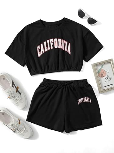 SHENHE Girl's Short Sleeve Letter Graphic 2Pcs Crop Top and Track Shorts Set thumbnail 5