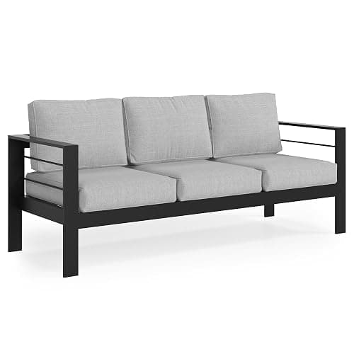 Solaste Aluminum Outdoor Couch, 3-Seat Metal Outdoor Sofa with Water-Resistant Cushion, Weather-Resistant Modern Patio Sofa, Black Frame Grey Cushion thumbnail 8