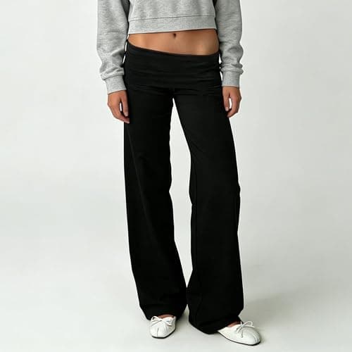 FOMOYUU Fold Over Lounge Pants for Women Y2K Low Rise Wide Leg Yoga Sweatpants Stretchy Foldover Pants Workout Bottoms thumbnail 2