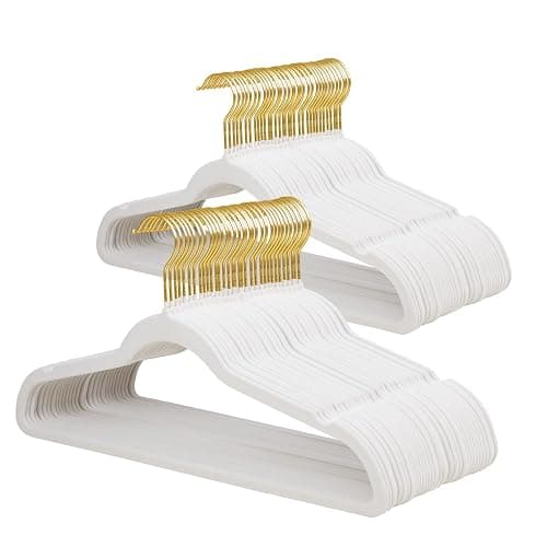 ManGotree Velvet Coat Hangers with 360° Swivel Gold Hook, Non-Slip Felt Suit Hangers, Ultra-Thin Space Saving Clothes Hanger for Jacket, Sweater, Shirt, Dress, Pants (66 Pack, White) - Image 1