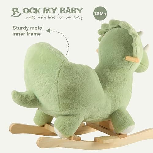 Rock My Baby Plush Rocking Horse - Soft Stuffed Body,Safety Seat Chair, Wooden Rockers, Music Button – Toddler Ride-On Toy for Ages 1–3 (green) thumbnail 6