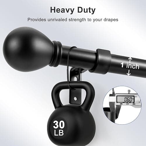 Black Curtain Rods for Windows 24 to 48 Inch, Heavy Duty Decorative Curtain Rods with Matte Black Lamp Style Finials, Adjustable 1" Diameter Metal Drapery Pole Set for Windows(S) thumbnail 3