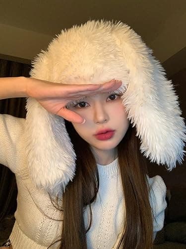 HENWASAI Y2K Fuzzy Bunny Hat for Women Cute Furry Beanie with Ears | Long Rabbit Ears Hat for Festival, Easter, Rave Party thumbnail 3