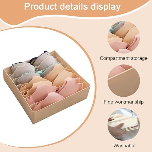 Bra Storage Organizer Box with Dividers, Foldable Underwear Organizer for Closet, Fabric Lingerie Storage with Compartments for Drawer and Closet Organization (Beige, 7Grids) thumbnail 3