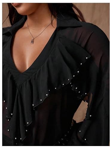 OYOANGLE Women's Plus Size Studded Ruffle Blouse Rave Tops Bishop Sleeve Deep V Neck Mesh Concert Shirts thumbnail 3