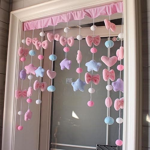 LINWIN Cute Plush Door Curtain, Self-Adhesive, Kawaii Plush Bows Stars Balls Door Curtain for Girls Bedroom 32.5" W x 34.5" L - Image 1