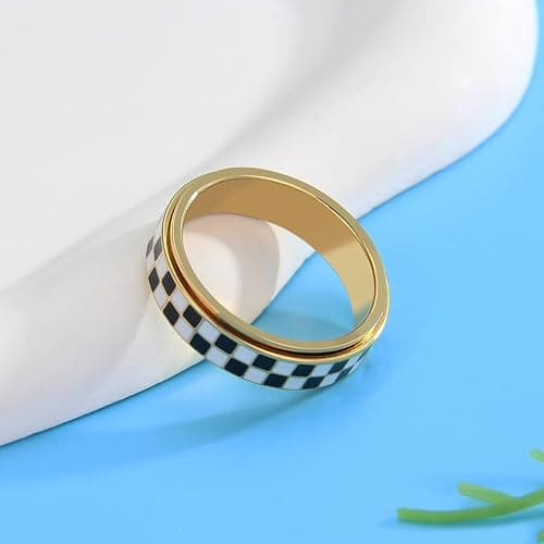 AmorArtSky Checkered Fidget Ring for Adults - 18K Gold Plated Stainless Steel Rotating Spinner Jewelry, Anxiety & Stress Relief Gift for Women/Men (Black and White Pattern) thumbnail 5