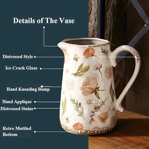 XIUWOUG Vintage Flower Vase Rustic Vases for Home Decor, Distressed Floral Vases with Handle, Ice Crack Pitcher Vase Scroll Tuscan Planter Gardening Decoration,C2 thumbnail 7