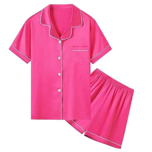 Umeyda Women & Girls Pajamas Set, Soft Satin Lightweight Silk Button-Down Top with Shorts 2 Piece PJS for Mom Boys Kids Gifts - Image 1