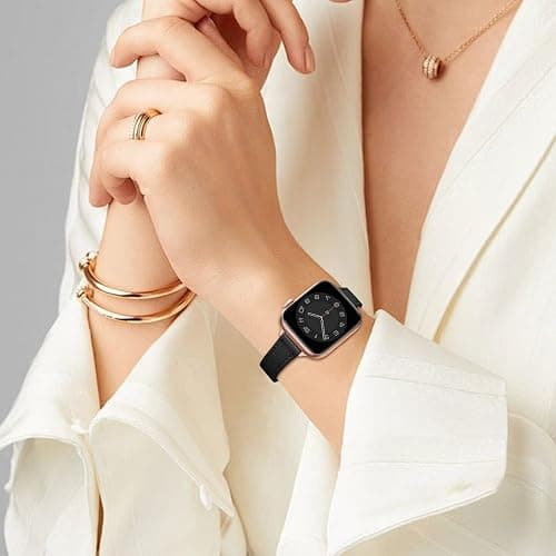 STIROLL Slim Leather Bands Compatible with Apple Watch Band 38mm 40mm 41mm 42mm(Series 11 10), Top Grain Leather Watch Thin Wristband for iWatch SE 9 8 7 6 5 4 3 2 1 (Black Rose Gold) thumbnail 5