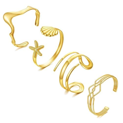 BROCC 4PCS 14K Gold Plated Stackable Cuff Bracelets Set for Women Adjustable Open Cuff Bangle Bracelet Hammered Wrist Thin Minimalist Gold Cuff Bracelets - Image 1