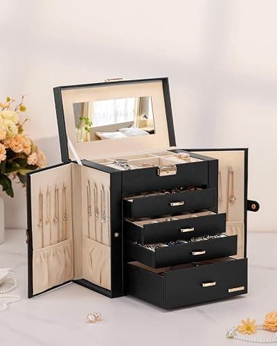 Homde Synthetic Leather Huge Jewelry Box Mirrored Watch Organizer Necklace Ring Earring Storage Lockable Gift Case (Black + Gold) thumbnail 9