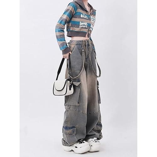 Gothic Women's Pants Street Trend Loose Multi Pocket Stitching Casual Straight Leg Wide Leg Washed Denim Vintage thumbnail 2