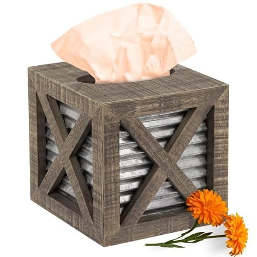 Autumn Alley Barn Door Rustic Square Farmhouse Tissue Box Cover, Farmhouse Bathroom Accessories, Rustic Bathroom Décor Tissue Holder, Wood Tissue Box Cover with Galvanized Decor - Image 1