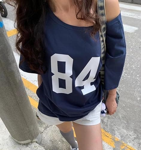 One Shoulder Oversized Tshirts Short Sleeve Y2k Baby Tees Summer Crop Top Jersey Off Shouder Graphic Tee Women - One Size - Blue thumbnail 3