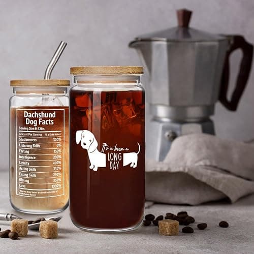 Dachshund 16oz Glass Cups with Lids and Straws Gifts for Women Men - It's Been A Long Day Dachshund, Weiner Dogs Decor, Funny Iced Coffee Cup Gifts for Dog Lover, Mother Birthday Gift for Dog Mom thumbnail 2