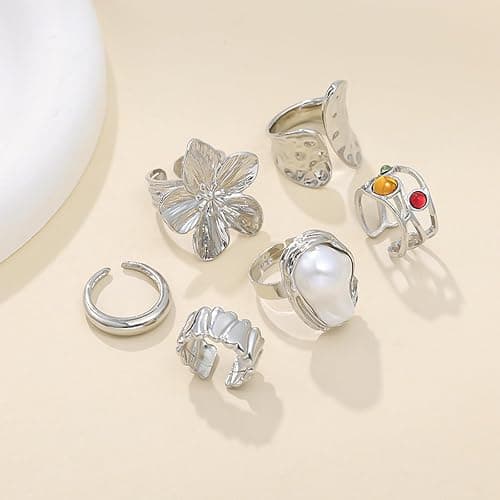 Otxas Chunky Gold Rings for Women Adjustable Statement Rings Baroque Pearl Flower Ring Stackable Rings Set 6Pcs Chunky Jewelry - Silver thumbnail 5