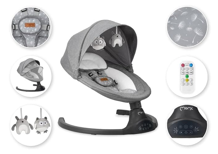 MoMi KENANI Transat balancelle jusqu’à 9 kg, pliable, télécommande et Bluetooth pour smartphone, alimentation piles et secteur, harnais de sécurité 5 points, pare-soleil, moustiquaire thumbnail 23