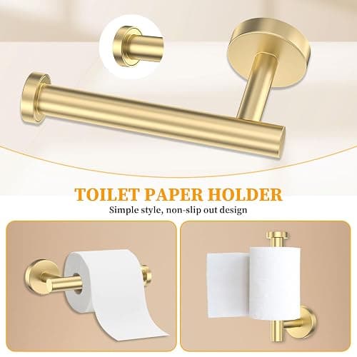Brushed Gold Towel Bar Set 5 Pieces Round Bathroom Hardware Set Includes 23.6in Towel Bar Towel Ring Toilet Paper Holder Towel Hooks Stainless Steel Wall-Mounted Bathroom Towel Holder Set thumbnail 5
