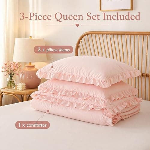 JANZAA WHITE Comforter Set Queen – Soft Microfiber, Lightweight All Season Bedding, Ruffle Shabby Chic Aesthetic, Breathable Cozy Bed Set with 2 Pillow Shams, Machine Washable thumbnail 6