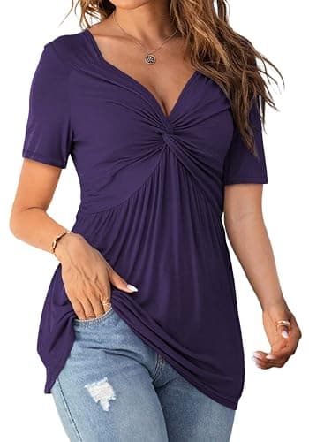 Tankaneo Womens Front Knotted V-Neck Blouse T Shirt Short Sleeve Oversized Tunic Tops Summer Solid Pullover Tees thumbnail 2