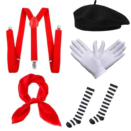 5 Pcs Mime Artist Costume Accessories Set Women French Mime Cosplay Outfit Includes Black Beret Red Suspender Scarf White Gloves and Black White Stripe Socks for Halloween Theme Party Dress up Decor - Image 1