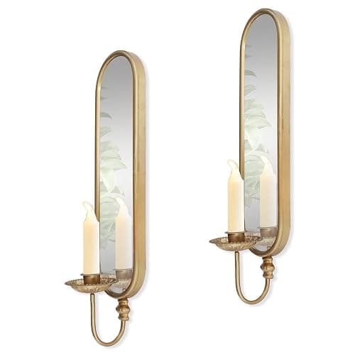 Set of 2 Vintage Gold Iron Candle Sconce and Mirror, Rustic Metal Wall Candle Holders for Pillar Candles Wall,Living Room, Bathroom, Dining Room(Size:3.94x15.94x3.9inches) - Image 1