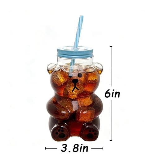 Kawaii Bear Sippy Cup 19oz, Clear Bear Glass Cup with Lid and Straw, Leak-Proof Clear Cup for Juice Milk Tea Smoothies Infused Water Beverage Food Grade thumbnail 3