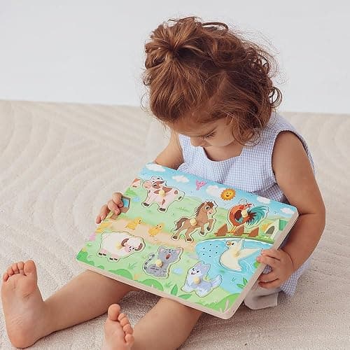 GRINNNIE Farm Animals and Vehicles Sound Puzzle (15 PCS) - Wooden Toddler Peg Puzzle Toys with Sound Effects for 3 4 5 Years Old, Birthday for Girls Boys thumbnail 5