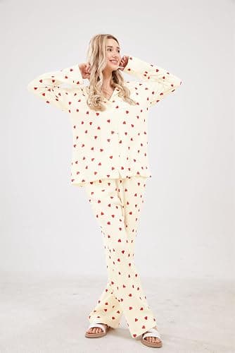 codcm Womens Pajama Sets Cotton Pj Set Cute Heart Print Long Sleeve Button Down Shirt With Long Pants thumbnail 3