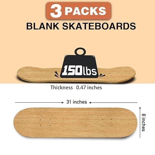 ROKENPOY 3 PCS Blank Skateboard Decks, 8 x 31 inch 7-Layer Maple Double-Tail Skateboard, Ideal for Painting, and Wall Decoration thumbnail 2
