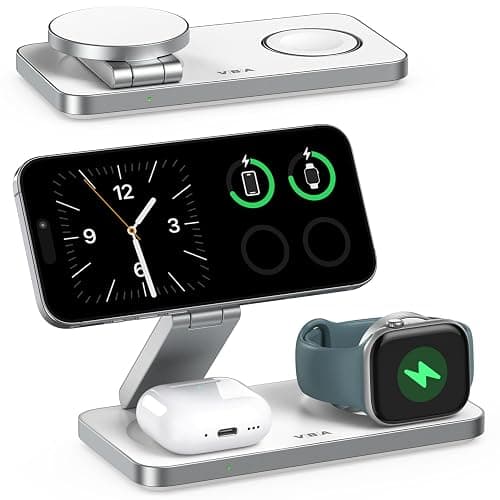 VBA 3 in 1 Wireless Charging Station for Apple MagSafe Charger,Foldable Fast Charging Magnetic Wireless Charger Stand,Travel Charger for iPhone 17 Air 16 15 14 13 12,Apple Watch,AirPods Pro(White) - Image 1