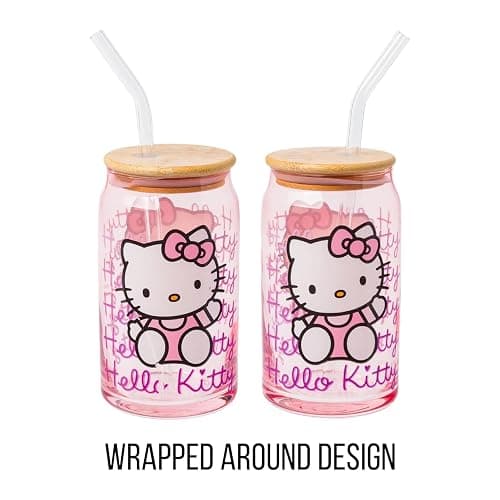 Silver Buffalo Sanrio Hello Kitty Waving Pink Glass Jar Tumbler with Bamboo Lid and Glass Straw, 16 Ounces thumbnail 5