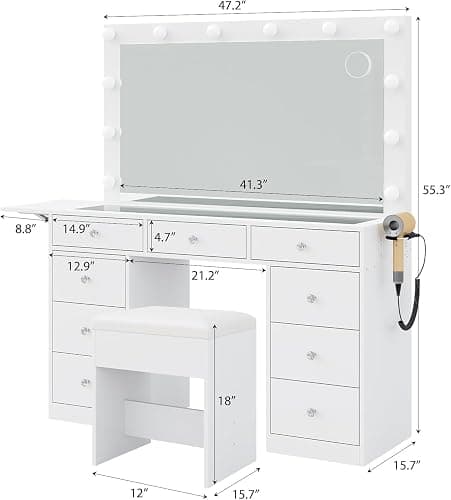 FUSOU Vanity Desk with Power Outlet, 9 Drawers Makeup Vanity with Mirror and 12 LED Lights, 3 Lighting Modes, Glass Top Vanity Set, Fold-up Panel, Dressing Table for Bedroom thumbnail 2