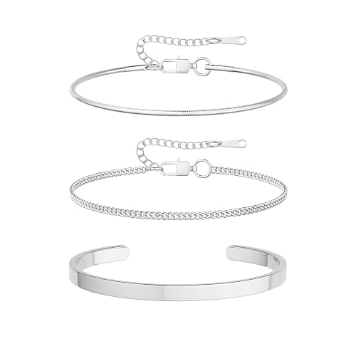 HEVOCY Stacked Bracelets for Men Women: 3 Pcs Bracelet Set Cuff Bangle/Cuban Link/Snake Chain Adjustable Layered Bracelet Stainless Steel Bracelets for Mens Jewelry Gifts for Him thumbnail 8
