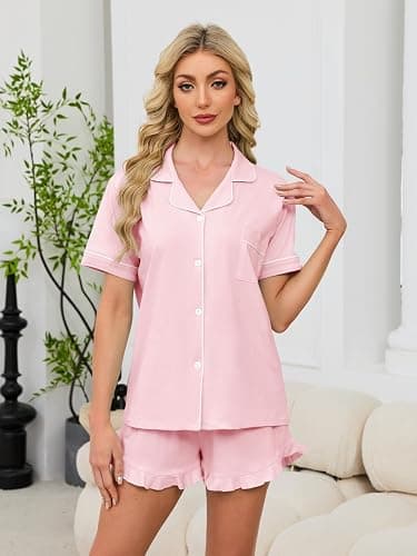 QZH.DUAO Girls & Women Pajama Sets 100% Cotton Sleepwear Button Down Short Sleeve With Ruffle Shorts PJS 5 Years-Large thumbnail 4