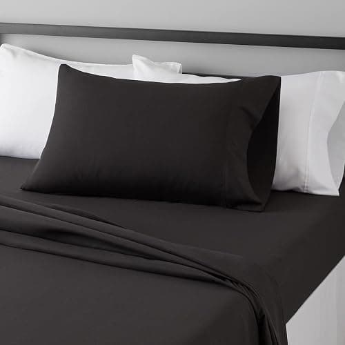 Amazon Basics Lightweight Super Soft Easy Care Breathable Brushed Microfiber 3-Piece Bed Sheet Set with 14-Inch Deep Pockets, Twin XL, Black, Solid - Image 1