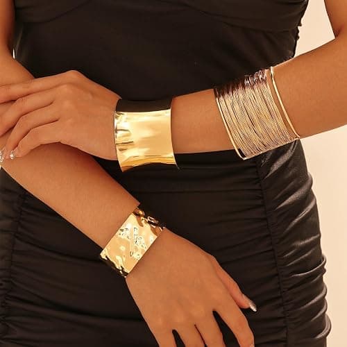 Abiotp 3PCS Gold Chunky Cuff Bracelets for Women Irregular Minimalist Statement Bangle Bracelets Set Open Wide Bangle Arm Cuff Upper Arm Punk Jewelry thumbnail 2