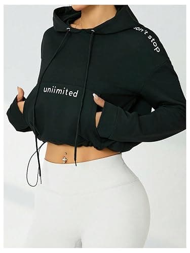 Verdusa Women's Letter Print Drawstring Hoodies Long Sleeve Cropped Hooded Sweatshirts thumbnail 3