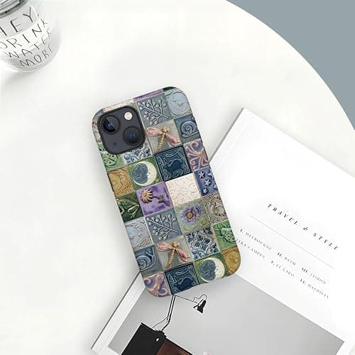 Piodaidy Compatible with iPhone 15,Durable & Shockproof Phone Case Cover Design - Tiles Pattern Moon Dragonfly Flower thumbnail 6