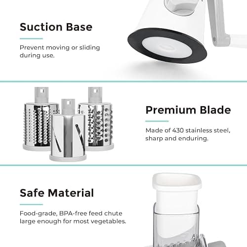 X Home Rotary Cheese Grater for Kitchen, Shredder with 3 Interchangeable Blades, Rotary Grater with Handle and Strong Suction Base, for Vegetables, Fruit, Nuts, Easy to Use and Clean, White thumbnail 6