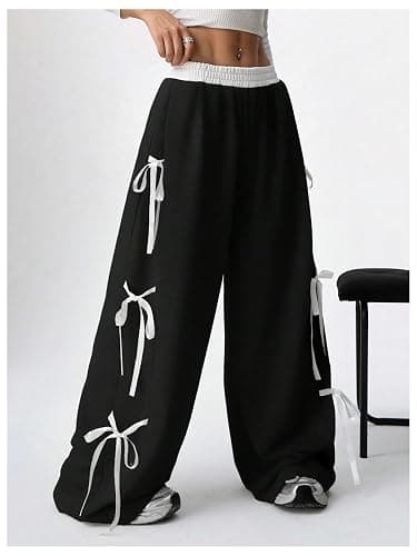SHENHE Women's Wide Leg Baggy Sweatpants Elastic Waist Tie Bow Pants Loose Long Pants thumbnail 3