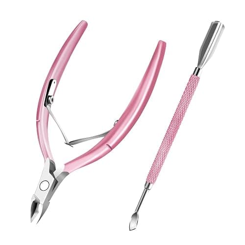 Cuticle Trimmer with Pusher and Scissors, Remover Professional Durable Pedicure Manicure Tools, Stainless Steel Cuticle Nipper Cutter Clipper Nail Tools (Pink Pusher) - Image 1
